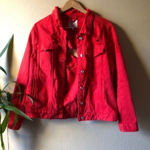 Zara Red Distressed Denim jean jacket